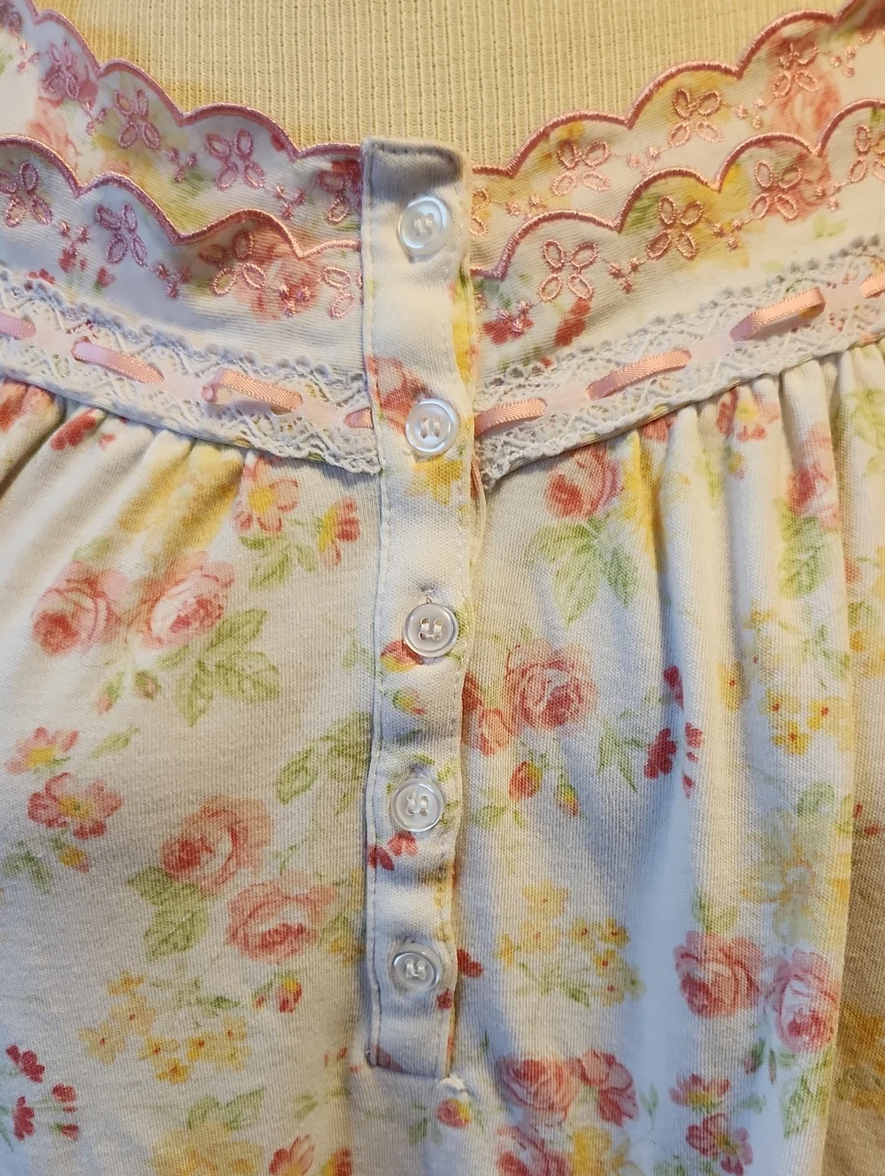 Pink Yellow Floral Nightgown Lace Ribbon Trim Vintage Soft Cottagecore Granny - Picture 3 of 13